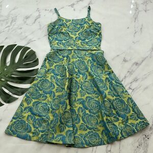 JP & Mattie Womens Vintage Y2k Dress Size S Blue Green Jacquard Floral Fit Flare